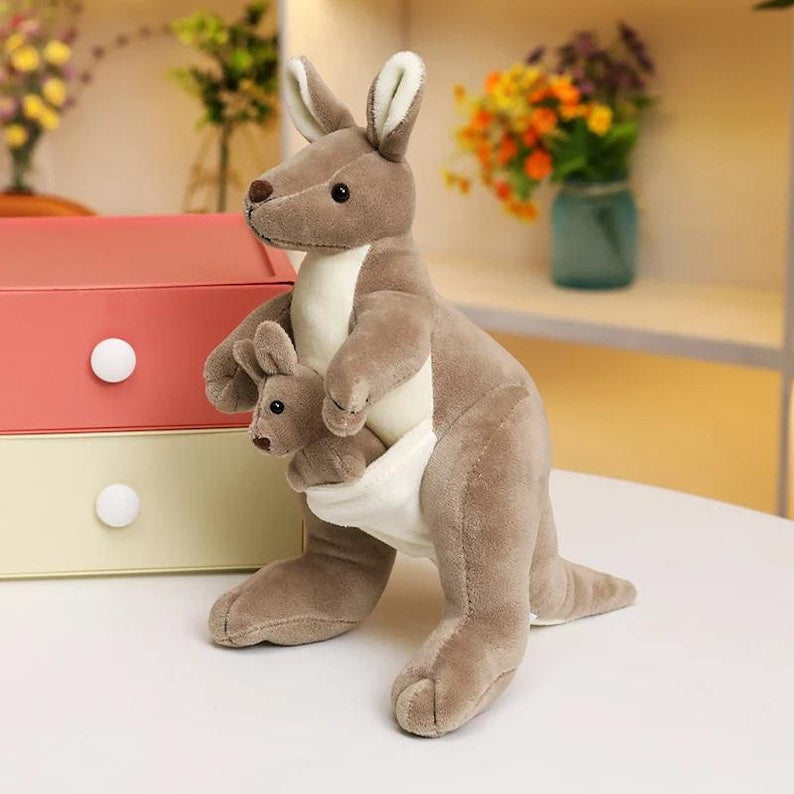 Mother & Baby Kangaroo Plush Toy – Soft Stuffed Animal Set – Cute Funny Kangaroo Doll – Kids Birthday Gift – Australia Wildlife Toy